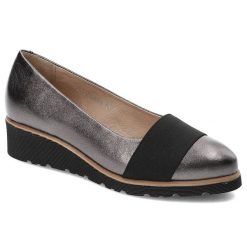 Półbuty damskie Simen, wsuwane ze skórzaną i miękką wkładką , srebrne Ferro, 0274-Vs04-Ferro. Szare półbuty damskie Simen, bez wzorów, biznesowe, bez obcasa, na koturnie, bez zapięcia. Za 179.00 zł.
