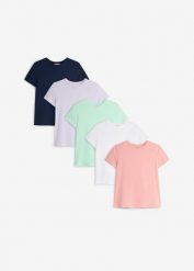 T-shirt z czystej bawełny organicznej, (5 szt.). Niebieskie t-shirty i topy dla dziewczynek bonprix, bez wzorów, z bawełny, bez ramiączek. Za 109.99 zł.