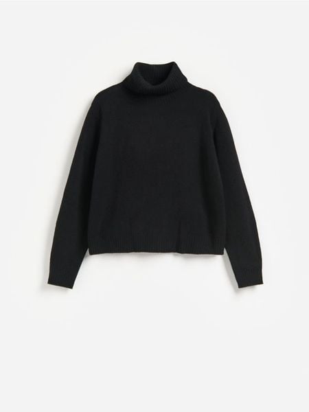 Wełniany sweter - czarny. Czarne swetry damskie Reserved, l, bez wzorów, z wełny, bez kołnierzyka, bez ramiączek, bez kaptura. Za 199.99 zł.