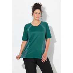 Damskie Bluzka funkcyjna kwiaty/panterka dekolt w serek rękaw 1/2. Zielone koszulki sportowe damskie Ulla Popken, plus size, bez wzorów, z elastanu, bez kołnierzyka, bez ramiączek. Za 199.99 zł.
