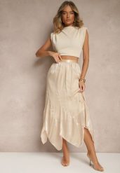 Beżowa Spódnica o Rozkloszowanym Kroju z Błyszczącą Nitką Lumorisse. Brązowe spódnice damskie Renee, l, bez wzorów, eleganckie, maxi, proste. Za 69.99 zł.