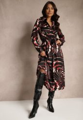 Czarno-Czerwona Koszulowa Sukienka o Rozkloszowanym Kroju z Gumką w Talii w Abstrakcyjny Print Tinnelittia. Czarne sukienki damskie Renee, na co dzień, l, bez wzorów, eleganckie, bez kołnierzyka, bez ramiączek, koszulowe. Za 169.99 zł.