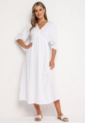 Biała Rozkloszowana Bawełniana Sukienka Boho z Wiązaniem i Gumką w Talii Lawla. Białe sukienki dla dziewczynek Born2be, bez wzorów, z bawełny, boho, bez ramiączek. Za 149.99 zł.
