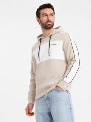 Bawełniana męska bluza z kapturem z kontrastującymi elementami - beżowa V2 - Rozmiar: S. Białe bluzy sportowe męskie Ombre Clothing, m, bez wzorów, z bawełny, z kapturem. Za 229.99 zł.