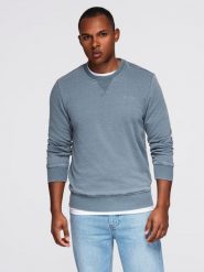 Washowana bluza męska z ozdobnym przeszyciem przy dekolcie - jasnoniebieska V3 - Rozmiar: XXL. Niebieskie bluzy męskie Ombre Clothing, m, bez wzorów, z bawełny, bez kaptura. W wyprzedaży za 69.99 zł.