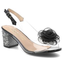 Sandały damskie S.Barski, z transparentnym paskiem ozdobny kwiat pasek z regulacją stabilny obcas elegancki styl, czarne, MR61-9011. Czarne klapki damskie S.BARSKI, z aplikacjami, bez obcasa, na obcasie, bez zapięcia. Za 199.00 zł.