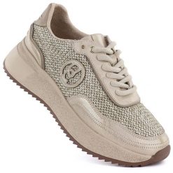 Skórzane sneakersy damskie plecionka złote Gino Fabiani OL39-5 GOLD. Żółte półbuty damskie Gino Fabiani, bez wzorów, ze skóry, bez obcasa, bez zapięcia. Za 219.99 zł.