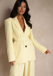 Żółta Marynarka Oversize z Usztywnioną Linią Ramion i Paskiem Diolisa. Żółte żakiety damskie Renee, m, bez wzorów, z jeansu, biznesowe. Za 239.99 zł.