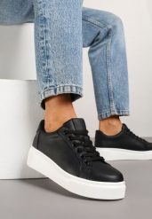 Czarne Sneakersy Skórzane na Platformie z Ozdobą i Perforacją Neolivia. Czarne obuwie sportowe damskie Renee, z aplikacjami, z jeansu. Za 119.99 zł.