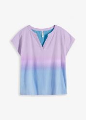 Bluzka z dekoltem henley z efektem cieniowania ombré. Niebieskie bluzki damskie bonprix, bez wzorów, bez kołnierzyka, bez ramiączek. Za 32.99 zł.