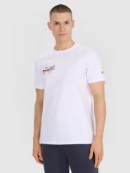 4F T-shirt regular z nadrukiem męski - biały XL. Białe koszulki sportowe męskie 4f, m, bez wzorów, z bawełny, eleganckie, bez kołnierzyka. Za 49.99 zł.