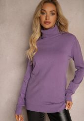 Fioletowy Klasyczny Golf Longsleeve z Dodatkiem Wiskozy Leriona. Fioletowe swetry damskie Renee, m, bez wzorów, z jeansu, eleganckie, bez kołnierzyka, bez ramiączek, bez kaptura. Za 44.99 zł.