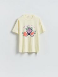 T-shirt z nadrukiem - jasnożółty. Żółte t-shirty damskie Reserved, l, bez wzorów, z bawełny, bez kołnierzyka. Za 45.99 zł.