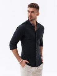 Bawełniana koszula męska SLIM FIT ze stójką w kolorowe paski – czarna V4. Czarne koszule męskie Ombre Clothing, m, bez wzorów, z bawełny, casualowe, bez kołnierzyka, bez ramiączek. W wyprzedaży za 109.99 zł.