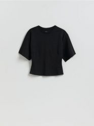 Taliowany t-shirt - czarny. Czarne t-shirty damskie Reserved, l, bez wzorów, z bawełny, klasyczne, bez kołnierzyka. Za 59.99 zł.