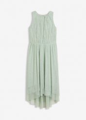 Sukienka z dłuższym tyłem z delikatnego tiulu i koronki. Zielone sukienki dla dziewczynek bonprix, bez wzorów, z koronki, eleganckie, bez ramiączek. Za 129.99 zł.