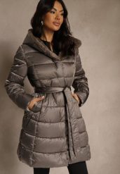 Szara Pikowana Kurtka z Nieodpinanym Kapturem o Długim Kroju z Paskiem Lidassea. Szare kurtki damskie Renee, l, bez wzorów, z jeansu. Za 359.99 zł.