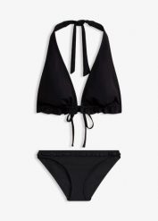 Bikini z dekoltem halter i falbanką (komplet 2-cz.). Czarne bikini damskie bonprix, bez wzorów. Za 77.99 zł.