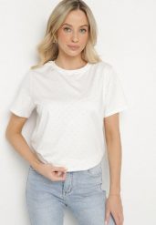 Biały T-shirt z Wiskozą i Cyrkoniami Sanistria. Białe bluzki damskie Born2be, l, bez wzorów, z jeansu, klasyczne, bez kołnierzyka. Za 89.99 zł.