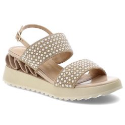 Sandały damskie S.Barski, skóra naturalna szerokie paski z dekoracyjnymi perełkami regulowany pasek z klamrą miękka wkładka stabilna platforma, beżow. Brązowe paski damskie S.BARSKI, bez wzorów, ze skóry. Za 309.00 zł.