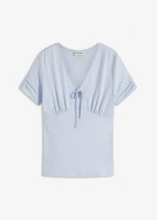 Shirt z marszczeniem. Niebieskie bluzki damskie bonprix, bez wzorów, bez kołnierzyka, bez ramiączek. Za 32.99 zł.