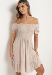 Beżowa Sukienka z Bawełny z Elastycznym Dekoltem i Falbanką Loridia. Brązowe sukienki damskie Born2be, na co dzień, m, bez wzorów, z bawełny, eleganckie, bez kołnierzyka, bez ramiączek, mini. Za 39.99 zł.