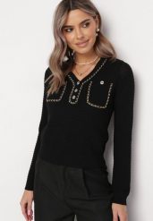 Czarny Sweter w Stylu Retro z Ozdobnym Łańcuszkiem Elioraca. Czarne swetry damskie Born2be, na zimę, bez wzorów, retro, bez kołnierzyka, bez ramiączek, bez kaptura. Za 54.99 zł.