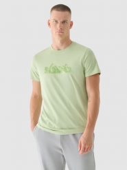4F T-shirt regular z nadrukiem męski - oliwkowy S. Brązowe koszulki sportowe męskie 4f, m, bez wzorów, z bawełny, bez kołnierzyka, bez ramiączek. W wyprzedaży za 29.99 zł.