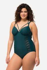 Damski Kostium kąpielowy dekolt typu halter miękkie miseczki fiszbiny. Zielone kostiumy jednoczęściowe damskie Ulla Popken, plus size, bez wzorów, z elastanu, plus size, do pływania. Za 233.99 zł.