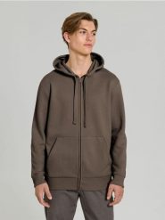 Rozpinana bluza z kapturem i kieszeniami - brązowy. Brązowe bluzy męskie Sinsay, l, bez wzorów, z kapturem. Za 49.99 zł.