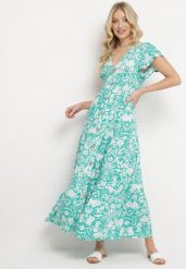 Miętowa Rozkloszowana Sukienka Maxi z Luźnym Rękawem w Kwiatowy Print Oxeria. Zielone sukienki damskie Born2be, na lato, m, bez wzorów, bez kołnierzyka, bez ramiączek, maxi, rozkloszowane. Za 79.99 zł.