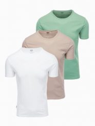 Zestaw męskich koszulek bawełnianych BASIC z okrągłym dekoltem – szarozielony/biały/beżowy V14 - Rozmiar: XXL. Zielone t-shirty męskie Ombre Clothing, m, bez wzorów, z bawełny, klasyczne, bez kołnierzyka. Za 149.99 zł.