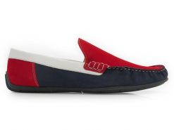Czerwono-biało-granatowe mokasyny T57 B. Białe eleganckie półbuty Modini Moda Męska, na lato, z gumy, casualowe, bez zapięcia. W wyprzedaży za 269.10 zł.