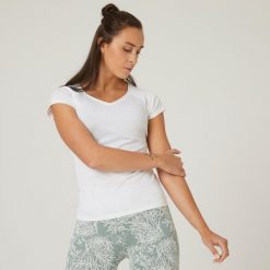 Koszulka z krótkim rękawem damska Nyamba Gym & Pilates 500. Białe koszulki sportowe damskie NYAMBA, xs, bez wzorów, z bawełny, sportowe, bez kołnierzyka. W wyprzedaży za 12.99 zł.