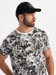 Męska wzorzysta bawełniana koszulka z krótkim rękawem – biało-czarna V2 - Rozmiar: S. Białe t-shirty męskie Ombre Clothing, m, bez wzorów, z bawełny, klasyczne, bez kołnierzyka. W wyprzedaży za 29.99 zł.