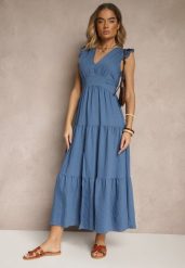 Niebieska Sukienka z Wiskozy Ozdobiona Falbankami Sadovene. Niebieskie sukienki damskie Renee, na co dzień, na wiosnę, m, bez wzorów, z wiskozy, eleganckie, bez kołnierzyka, bez ramiączek, maxi. Za 54.99 zł.