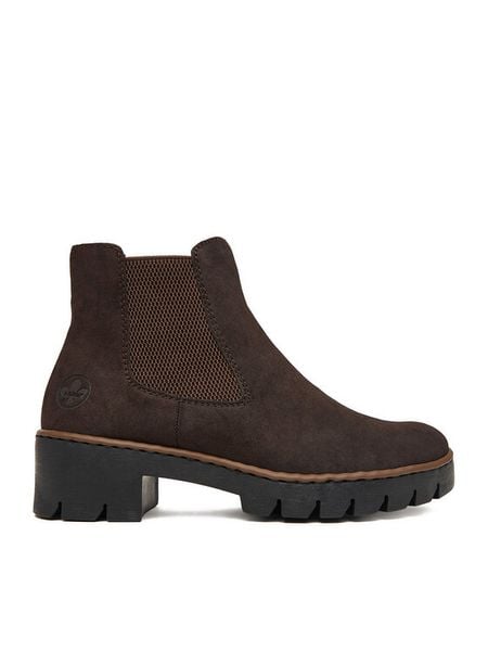 Rieker Botki CEO-X5772-25 Brązowy ciemny. Brązowe botki damskie Rieker, z materiału, bez obcasa, na płaskiej podeszwie, bez zapięcia. Za 349.99 zł.