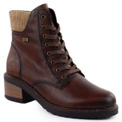 Skórzane wodoodporne botki na klocku brązowe Remonte Rieker D1A70-24. Brązowe botki damskie Remonte, ze skóry, bez obcasa, bez zapięcia. Za 499.00 zł.