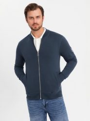 Rozpinana bawełniana bluza męska dresowa bomberka – granatowa V4 OM-SSZP-0215 - XXL. Niebieskie bluzy męskie Ombre Clothing, l, z aplikacjami, z bawełny, bez kaptura. Za 119.99 zł.