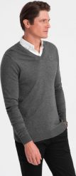 Ombre Sweter męski z dekoltem "w serek" z koszulowym kołnierzykiem - grafitowy V3 OM-SWSW-0102 S. Szare bluzy męskie Ombre, m, bez wzorów, bez kołnierzyka. Za 129.99 zł.