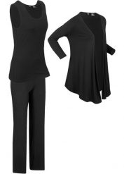 Top + wdzianko 3/4 + spodnie (kompl. 3-częściowy), z wiskozy. Czarne spodnie materiałowe damskie bonprix, bez wzorów, z wiskozy. Za 189.99 zł.