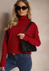 Bordowy Klasyczny Golf Longsleeve z Dodatkiem Wiskozy Leriona. Czerwone swetry damskie Renee, m, bez wzorów, z jeansu, eleganckie, bez kołnierzyka, bez ramiączek, bez kaptura. Za 44.99 zł.