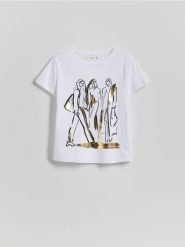 T-shirt z nadrukiem - biały. Białe t-shirty damskie Reserved, l, bez wzorów, z bawełny, klasyczne, bez kołnierzyka. Za 49.99 zł.