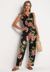 Czarny Kombinezon w Kwiaty z Trójkątnym Dekoltem i Troczkami na Ramionach Benan. Czarne sukienki damskie Born2be, na co dzień, m, bez wzorów, eleganckie, bez kołnierzyka, bez ramiączek, dopasowane. Za 29.99 zł.