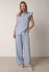 Jasnoniebieski Komplet z Wiskozą Szerokie Spodnie i Bluzka z Kołnierzykiem Nautiviane. Niebieskie spodnie materiałowe damskie Born2be, l, bez wzorów, z materiału. Za 99.99 zł.