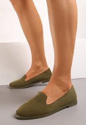 Ciemnozielone Balerinki w Stylu Mokasynów Thetea. Zielone baleriny damskie Born2be, bez wzorów, z jeansu, eleganckie, bez obcasa. Za 39.99 zł.