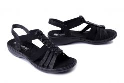 RIEKER 60809-00 black, sandały damskie. Czarne sandały damskie Rieker, bez wzorów, bez obcasa, bez zapięcia. Za 209.93 zł.