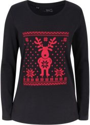 Shirt bawełniany z długim rękawem i bożonarodzeniowym motywem. Czarne bluzki damskie bonprix, bez wzorów, z bawełny, bez kołnierzyka, bez ramiączek. Za 59.99 zł.