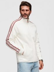 Męska bluza rozpinana z kontrastowymi lampasami i wysoką stójką – kremowa V2 - Rozmiar: XXL. Białe bluzy męskie Ombre Clothing, m, bez wzorów, z bawełny, bez kaptura, na fitness i siłownię. Za 209.99 zł.