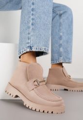 Ciemnobeżowe Botki w Stylu Loafersów Zdobione Metaliczną Aplikacją Aqianey. Brązowe botki damskie Renee, z jeansu, klasyczne, bez obcasa, na płaskiej podeszwie, bez zapięcia. Za 129.99 zł.